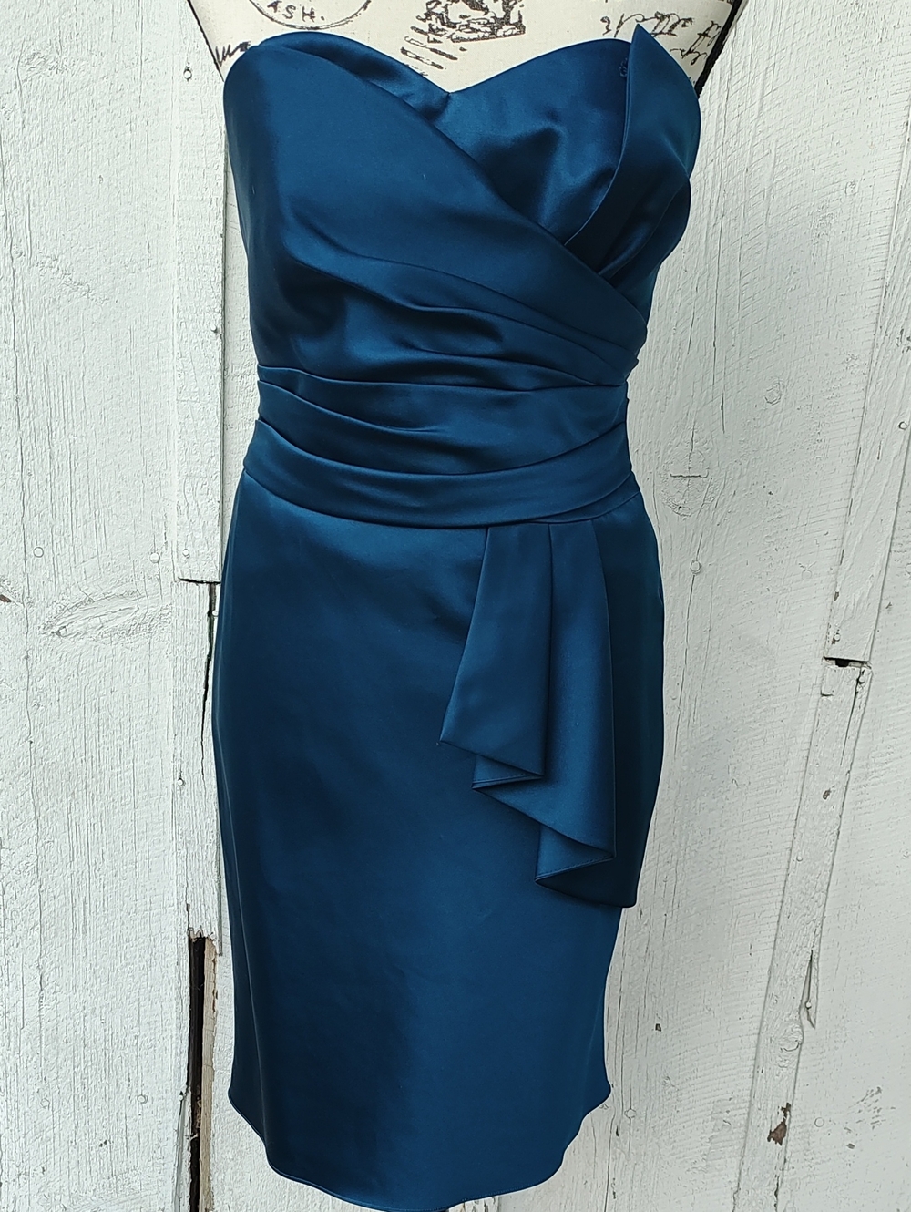David's Bridal Beidesmaid Strapless Satin Sheath Dress Teal Peacock Blue, Size 6
